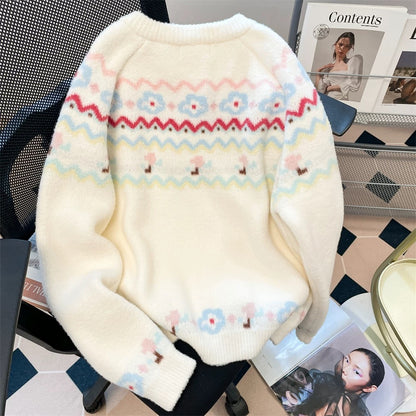 Korean style gentle vintage Fair Isle sweet sweater for women in autumn and winter to reduce age, beautiful and stylish knitted cardigan jacket