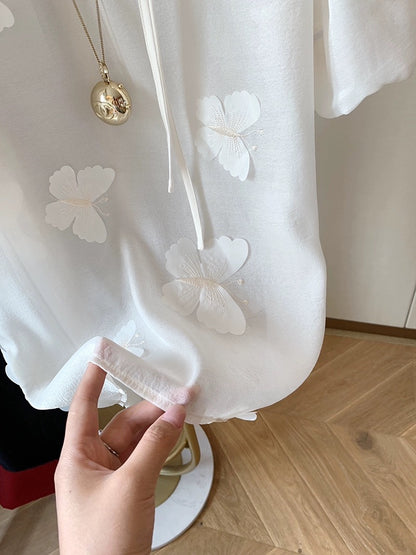 New Chinese style three-dimensional butterfly embroidered short-sleeved shirt for women 2024 summer new style sweet short top for small people to reduce age