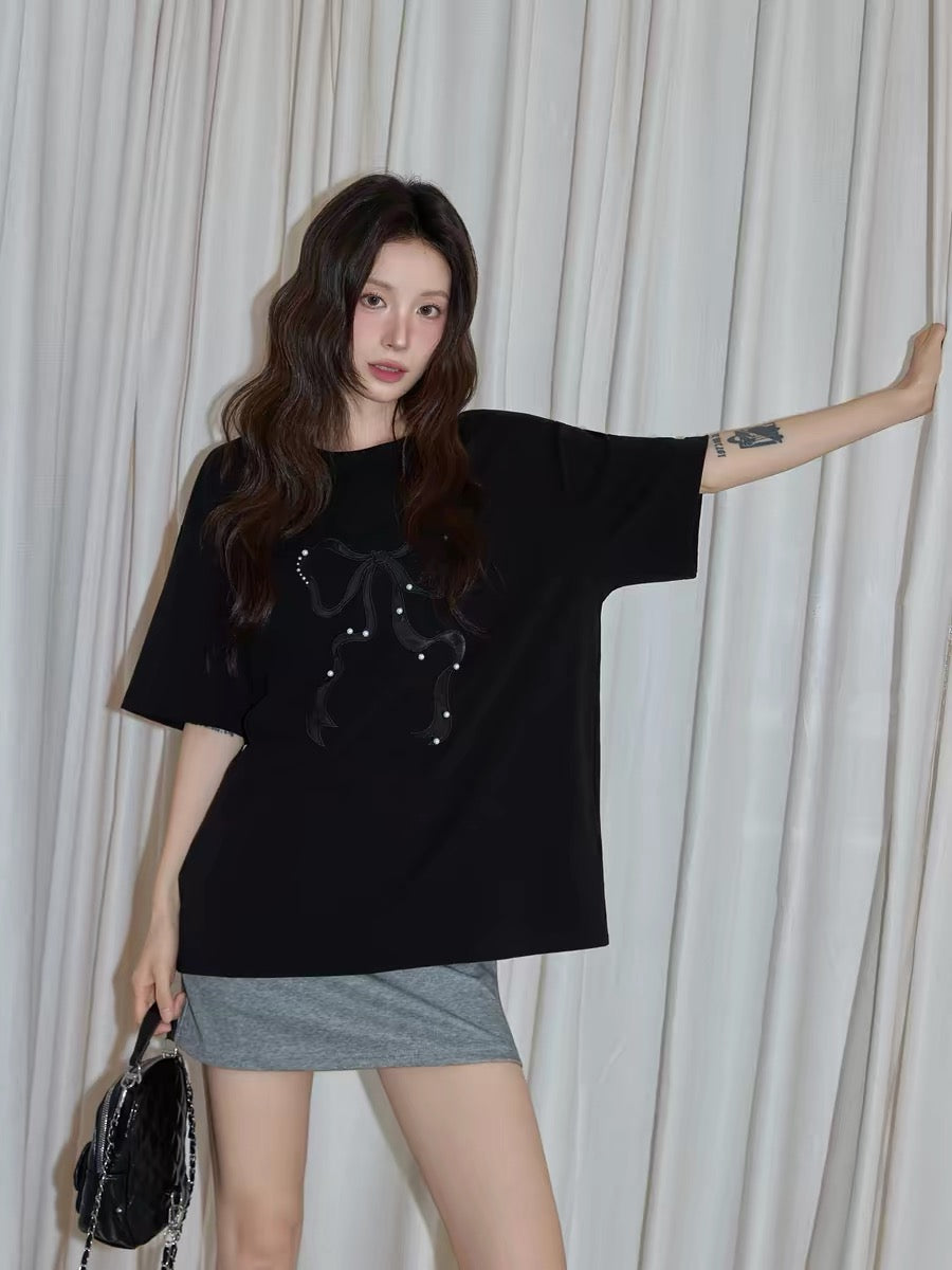 Chaochao's Black Bow Beaded Embroidered Short-Sleeve T-Shirt for Women, Summer 2026, Relaxed, Loose, Slimming Short-Sleeve Top