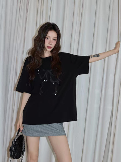 Chaochao's Black Bow Beaded Embroidered Short-Sleeve T-Shirt for Women, Summer 2026, Relaxed, Loose, Slimming Short-Sleeve Top