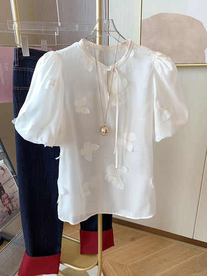 New Chinese style three-dimensional butterfly embroidered short-sleeved shirt for women 2024 summer new style sweet short top for small people to reduce age