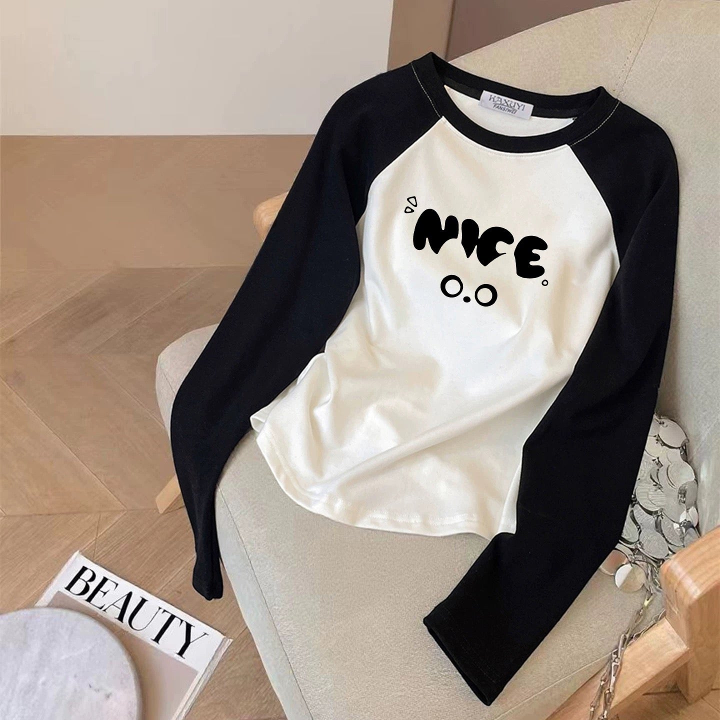 Contrast color pure cotton inner wear design sense splicing long-sleeved T-shirt female 2025 autumn and winter new European goods loose slim top M