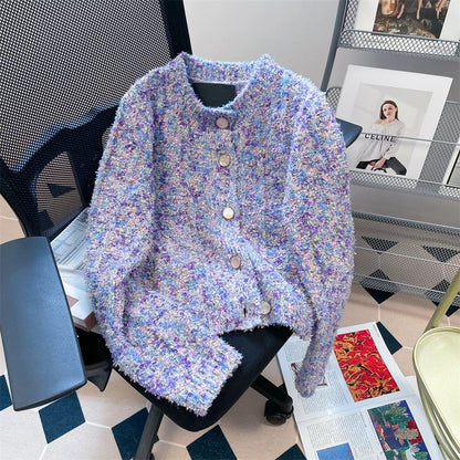 Purple high-end small fragrance cardigan sweater for women in autumn, French style, super good-looking European goods, beautiful knitted jacket