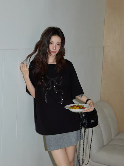 Chaochao's Black Bow Beaded Embroidered Short-Sleeve T-Shirt for Women, Summer 2026, Relaxed, Loose, Slimming Short-Sleeve Top