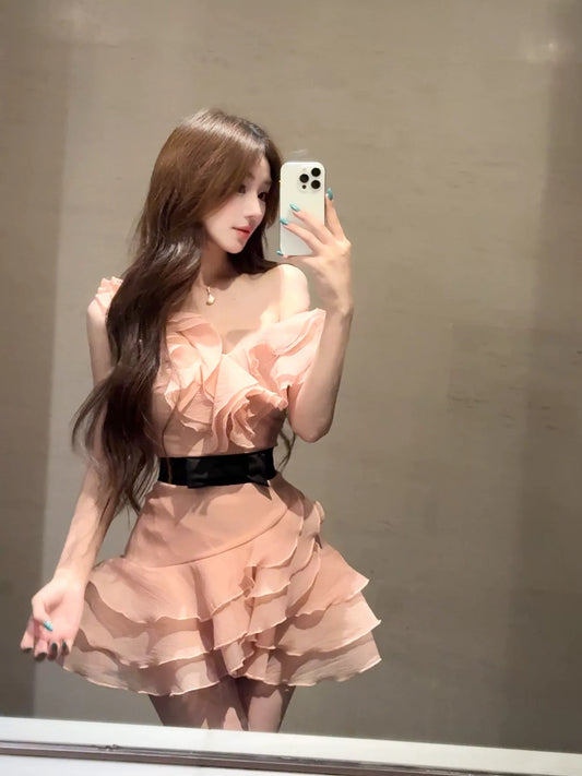 WW custom-made pink dress for summer, unique and beautiful small dress with waist, princess cake skirt, puffy skirt