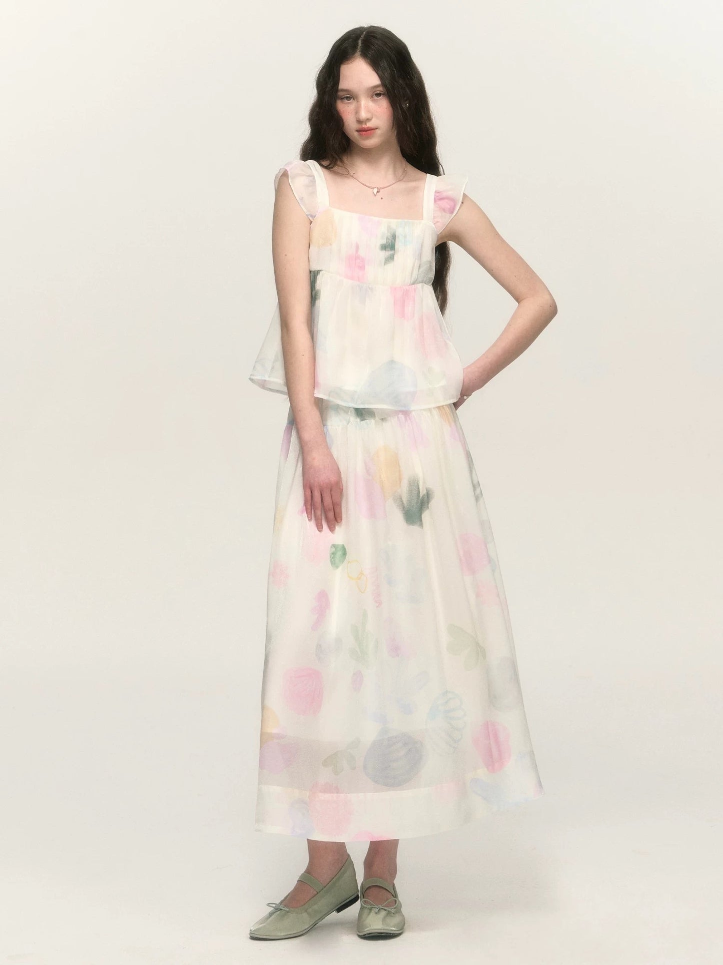 chummygirls x minglu original printed small flying sleeve vest suspender A-line pleated skirt suit