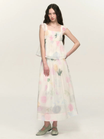 chummygirls x minglu original printed small flying sleeve vest suspender A-line pleated skirt suit