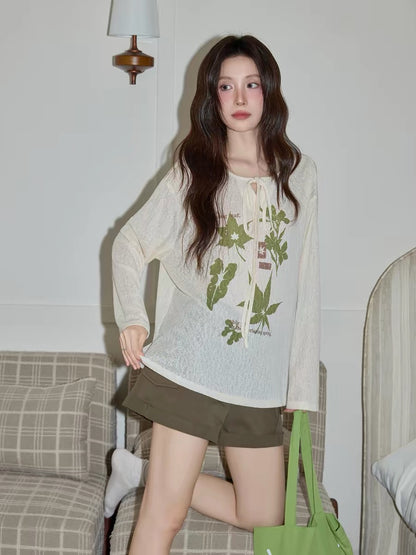 Chaochao's Apricot Printed Tie-Waist Long-Sleeve T-Shirt for Women, 2026 Summer Sunscreen Thin Cover-Up, Lazy Casual Top