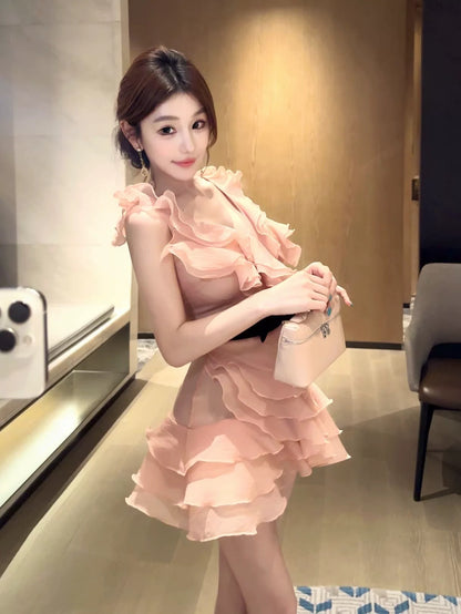 WW custom-made pink dress for summer, unique and beautiful small dress with waist, princess cake skirt, puffy skirt