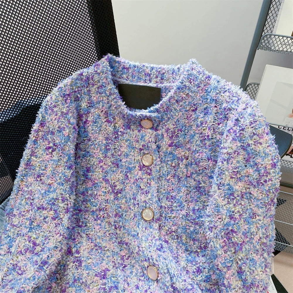 Purple high-end small fragrance cardigan sweater for women in autumn, French style, super good-looking European goods, beautiful knitted jacket