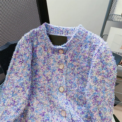 Purple high-end small fragrance cardigan sweater for women in autumn, French style, super good-looking European goods, beautiful knitted jacket