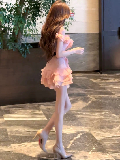 WW custom-made pink dress for summer, unique and beautiful small dress with waist, princess cake skirt, puffy skirt