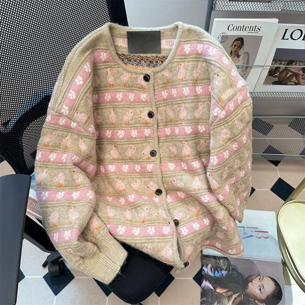 Autumn and winter gentle and cute duck color-blocked sweater jacket for women Korean sweet college style soft and waxy knitted cardigan top