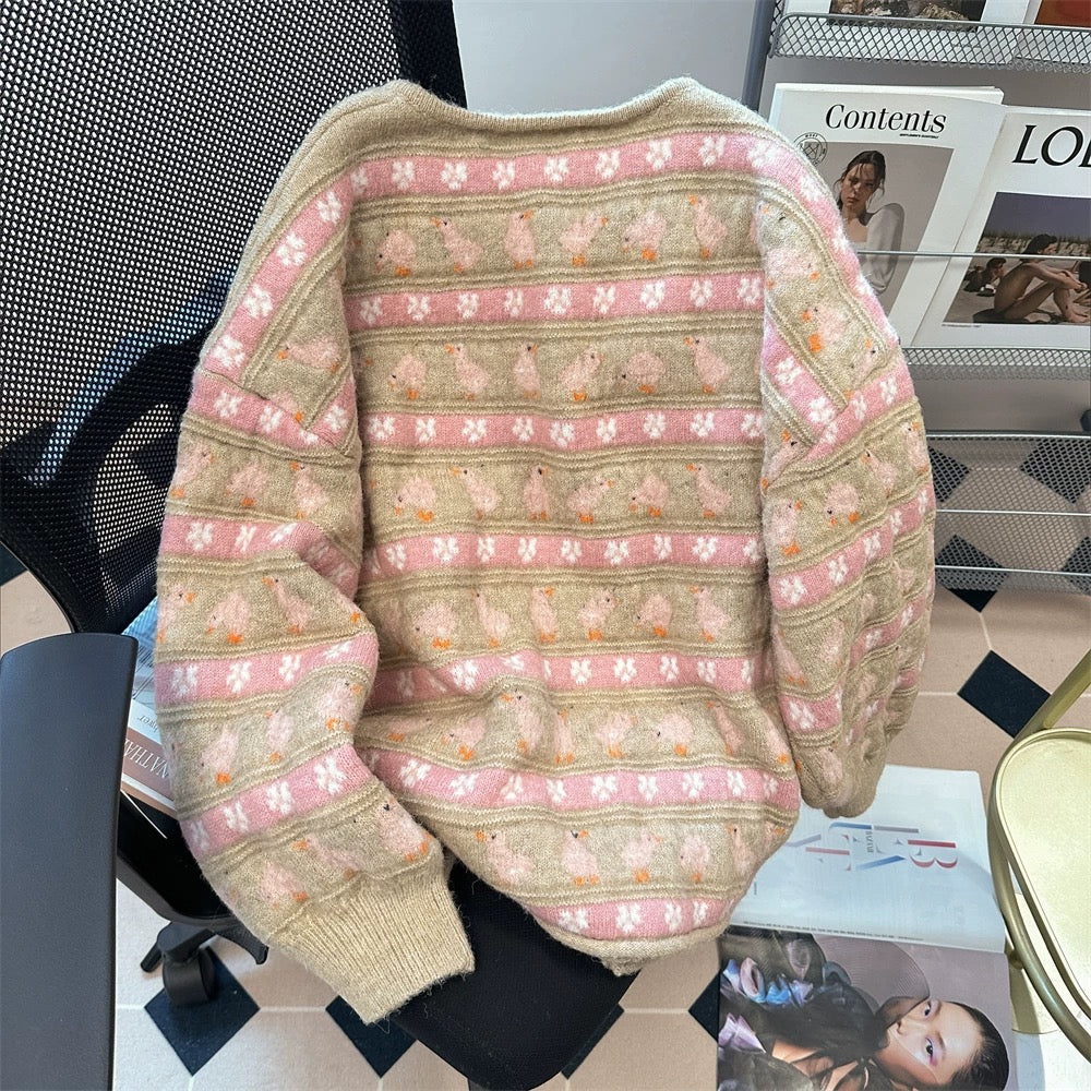 Autumn and winter gentle and cute duck color-blocked sweater jacket for women Korean sweet college style soft and waxy knitted cardigan top