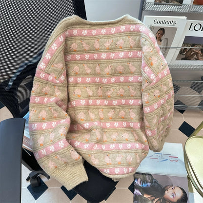Autumn and winter gentle and cute duck color-blocked sweater jacket for women Korean sweet college style soft and waxy knitted cardigan top