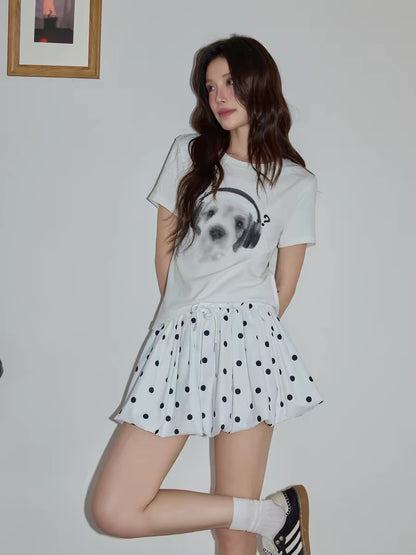 Chaochao's White Polka Dot Drawstring Flower Tulip Skirt for Women, Summer 2026, High Waist, A-line, Elegant Short Skirt