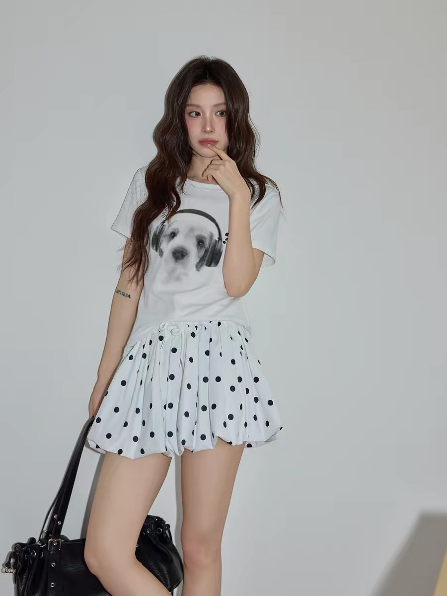 Chaochao's White Polka Dot Drawstring Flower Tulip Skirt for Women, Summer 2026, High Waist, A-line, Elegant Short Skirt