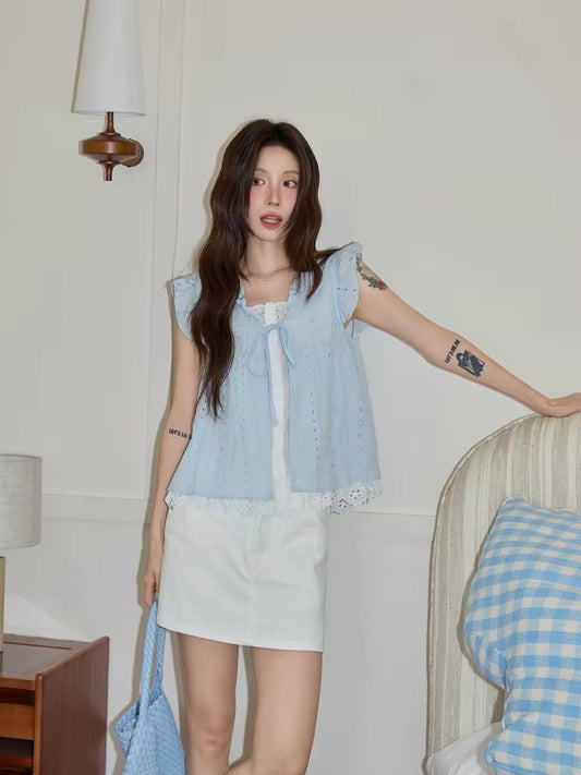 Chaochao's Korean Style Blue Faux Two-Piece Short Sleeve Shirt Women's 2026 Summer Gentle Tie Hollow-Out Lace Top