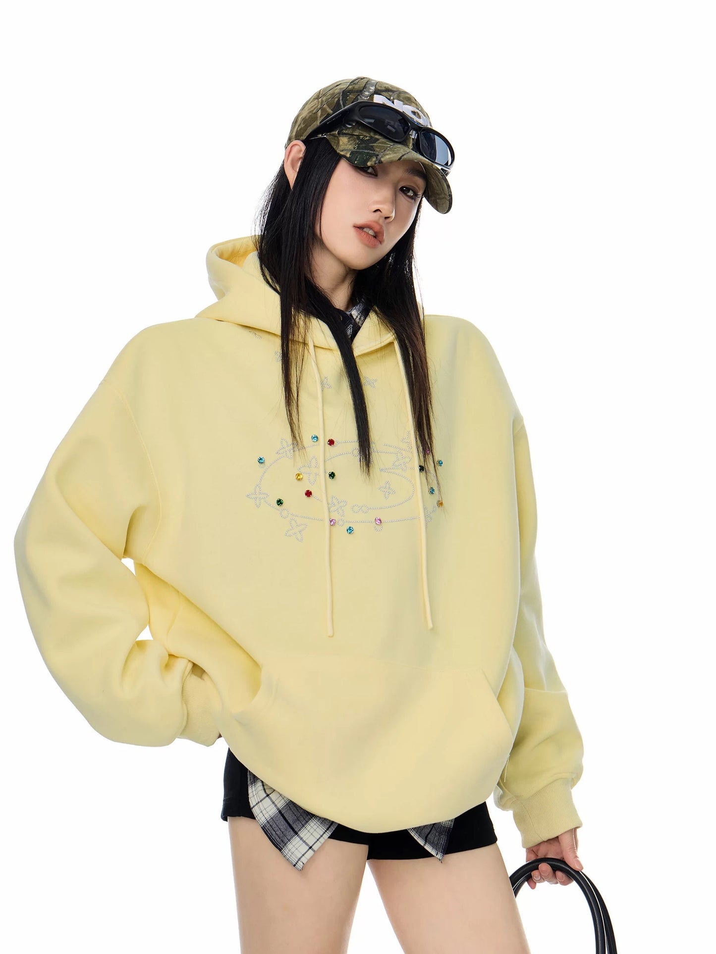 ICH MODE American Retro Rhinestone Hooded Sweatshirt for Women, 2025 Autumn/Winter New Sporty Casual Long-Sleeved Top