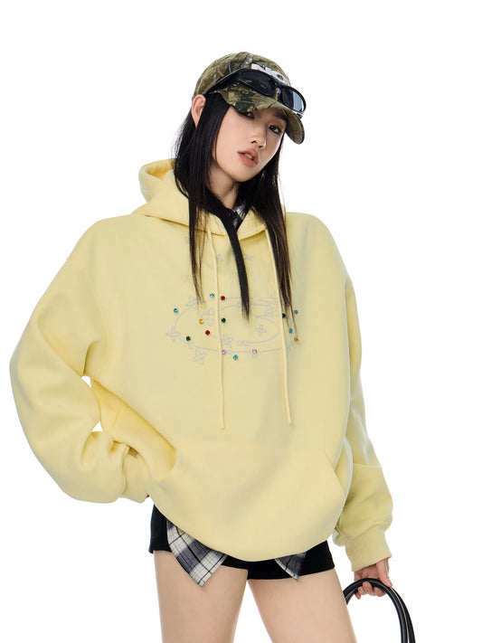 ICH MODE American Retro Rhinestone Hooded Sweatshirt for Women, 2025 Autumn/Winter New Sporty Casual Long-Sleeved Top