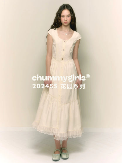 chummygirls original French retro sweet girly lace high-waisted A-line pleated dress