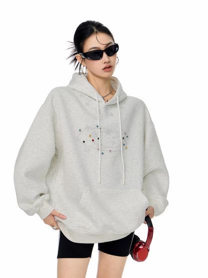 ICH MODE American Retro Rhinestone Hooded Sweatshirt for Women, 2025 Autumn/Winter New Sporty Casual Long-Sleeved Top