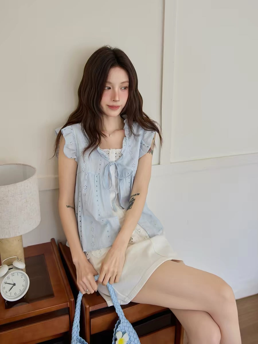 Chaochao's Korean Style Blue Faux Two-Piece Short Sleeve Shirt Women's 2026 Summer Gentle Tie Hollow-Out Lace Top
