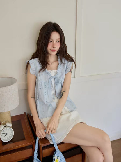Chaochao's Korean Style Blue Faux Two-Piece Short Sleeve Shirt Women's 2026 Summer Gentle Tie Hollow-Out Lace Top