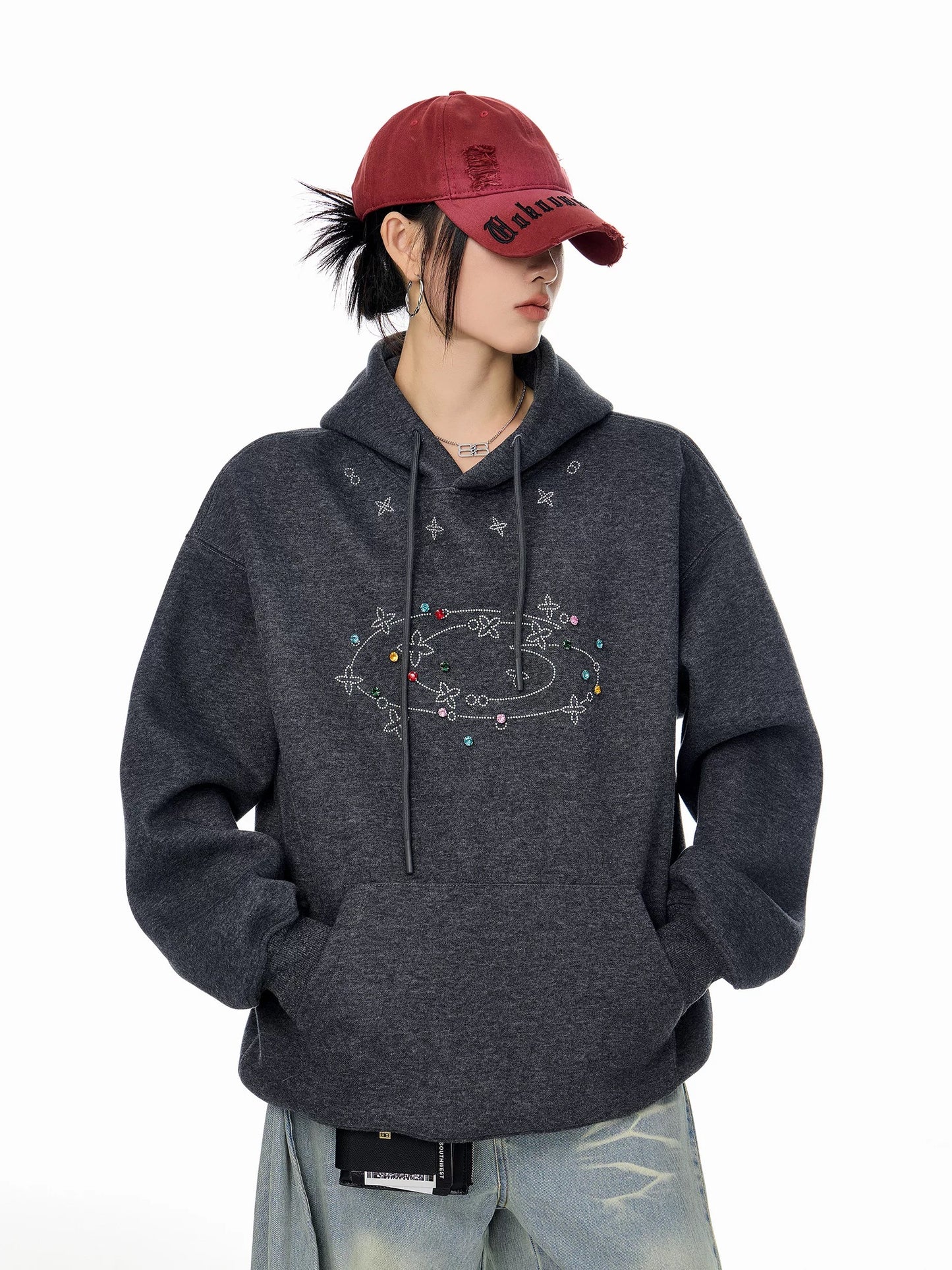 ICH MODE American Retro Rhinestone Hooded Sweatshirt for Women, 2025 Autumn/Winter New Sporty Casual Long-Sleeved Top