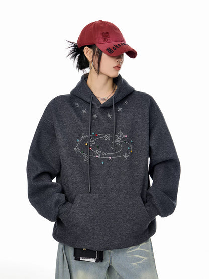ICH MODE American Retro Rhinestone Hooded Sweatshirt for Women, 2025 Autumn/Winter New Sporty Casual Long-Sleeved Top