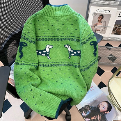 Korean style green half turtleneck sweater cardigan for women autumn and winter sweet college style art student knitted jacket