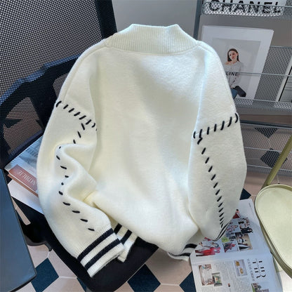 Japanese retro lazy outer wear bear sweater cardigan for women autumn thin college style soft waxy v-neck knitted jacket