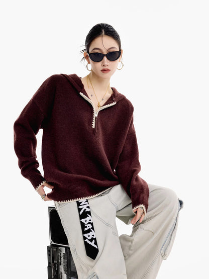 ICH MODE Half-zip design hooded color-blocked American retro style sweater for women, loose fit, casual, niche knitwear.