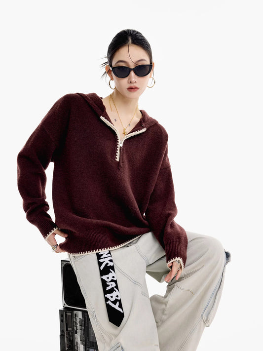 ICH MODE Half-zip design hooded color-blocked American retro style sweater for women, loose fit, casual, niche knitwear.