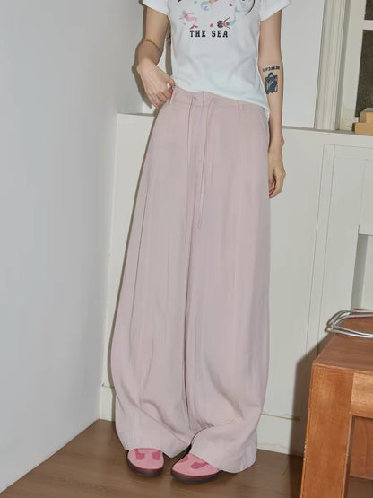 Chaochao's Pink Drawstring Wide-Leg Casual Pants for Women, Summer 2026, High-Waisted, Flowy, Loose-Fitting Floor-Length Pants
