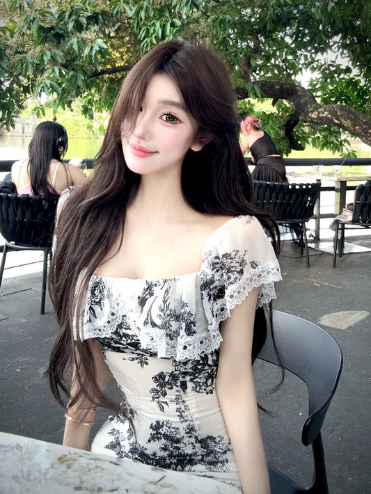 WW custom pure desire ink print ruffled square collar flying sleeve dress female sweet gentle style hip skirt