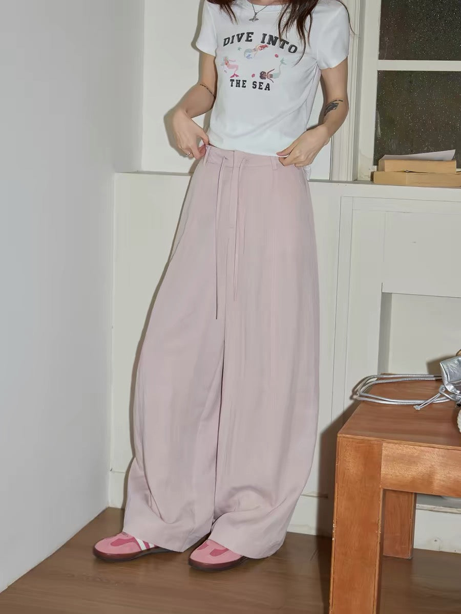 Chaochao's Pink Drawstring Wide-Leg Casual Pants for Women, Summer 2026, High-Waisted, Flowy, Loose-Fitting Floor-Length Pants