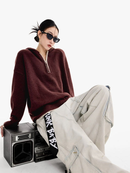 ICH MODE Half-zip design hooded color-blocked American retro style sweater for women, loose fit, casual, niche knitwear.