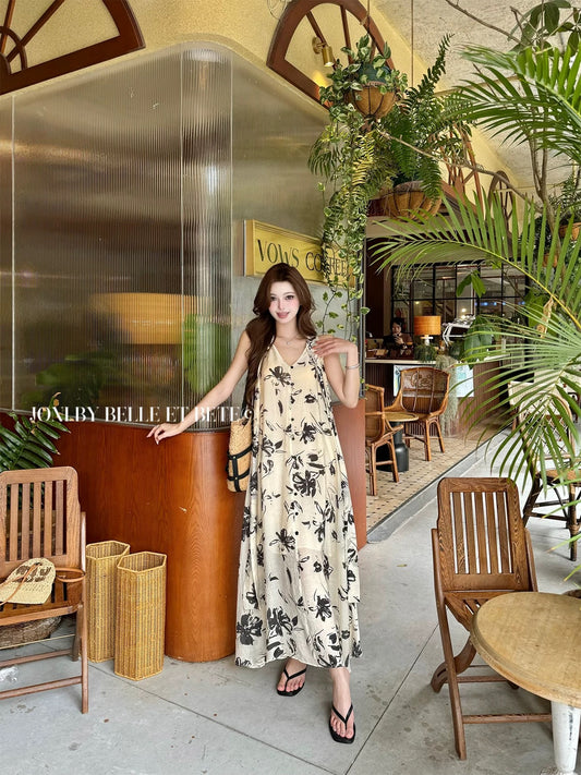 JONIbyBEB Summer comfortable and beautiful light and elegant 100 Tencel fabric floral print ribbon dress