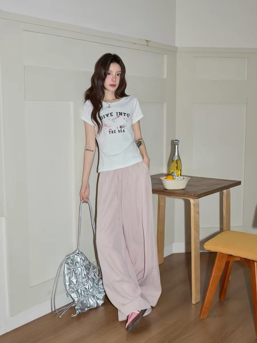 Chaochao's Pink Drawstring Wide-Leg Casual Pants for Women, Summer 2026, High-Waisted, Flowy, Loose-Fitting Floor-Length Pants