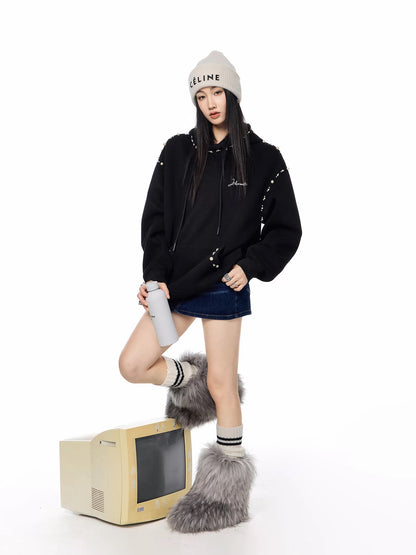 ICH MODE American Style Pearl Grey Hooded Sweatshirt for Women, 2025 New Autumn and Winter Casual Loose-fitting Jacket Top