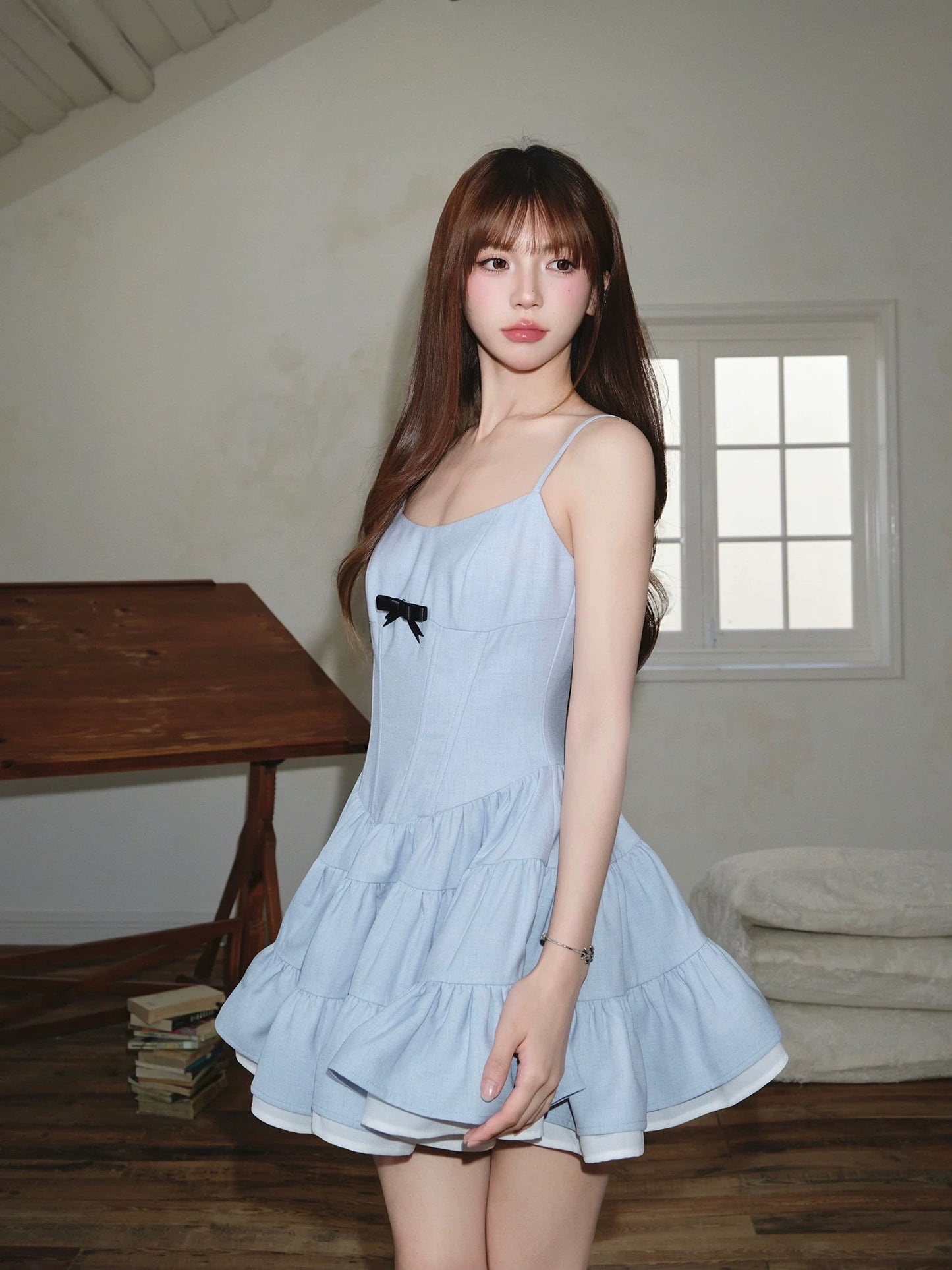 avenement/bow knot herringbone cake skirt/designed sleeveless suspender stitching dress short skirt women summer