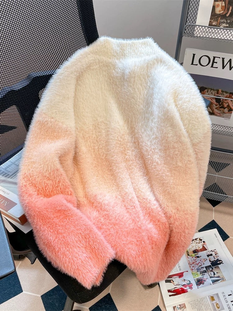 American retro gradient mink velvet thickened sweater for women fufu lazy soft waxy v-neck knitted cardigan jacket