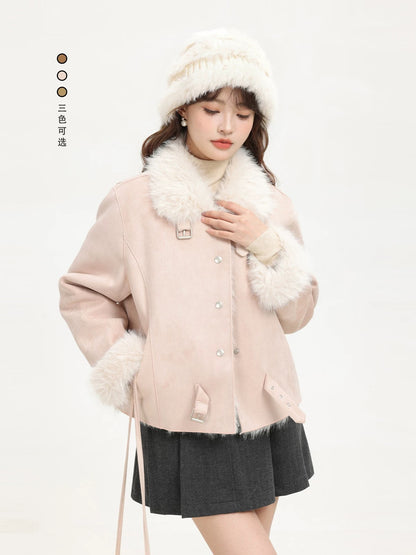 XinmonLee sweet and stylish pink fur winter Korean retro deerskin coat