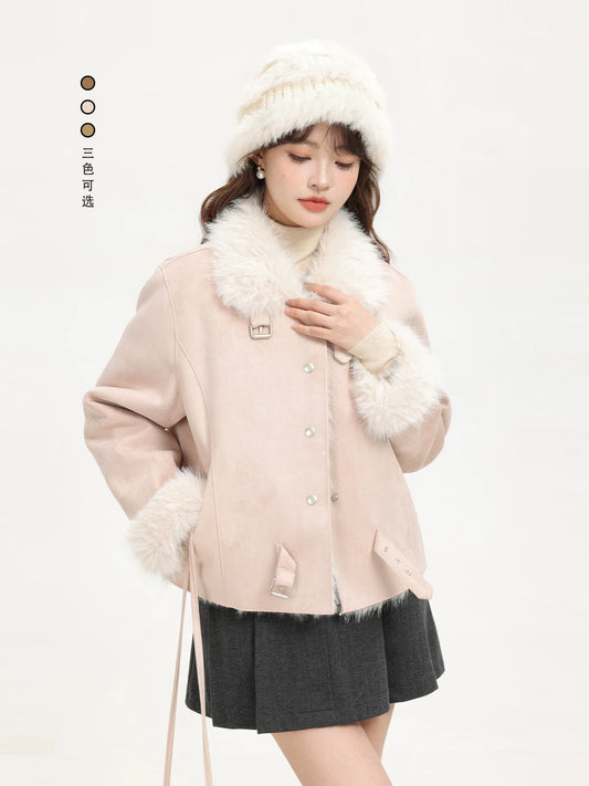 XinmonLee sweet and stylish pink fur winter Korean retro deerskin coat