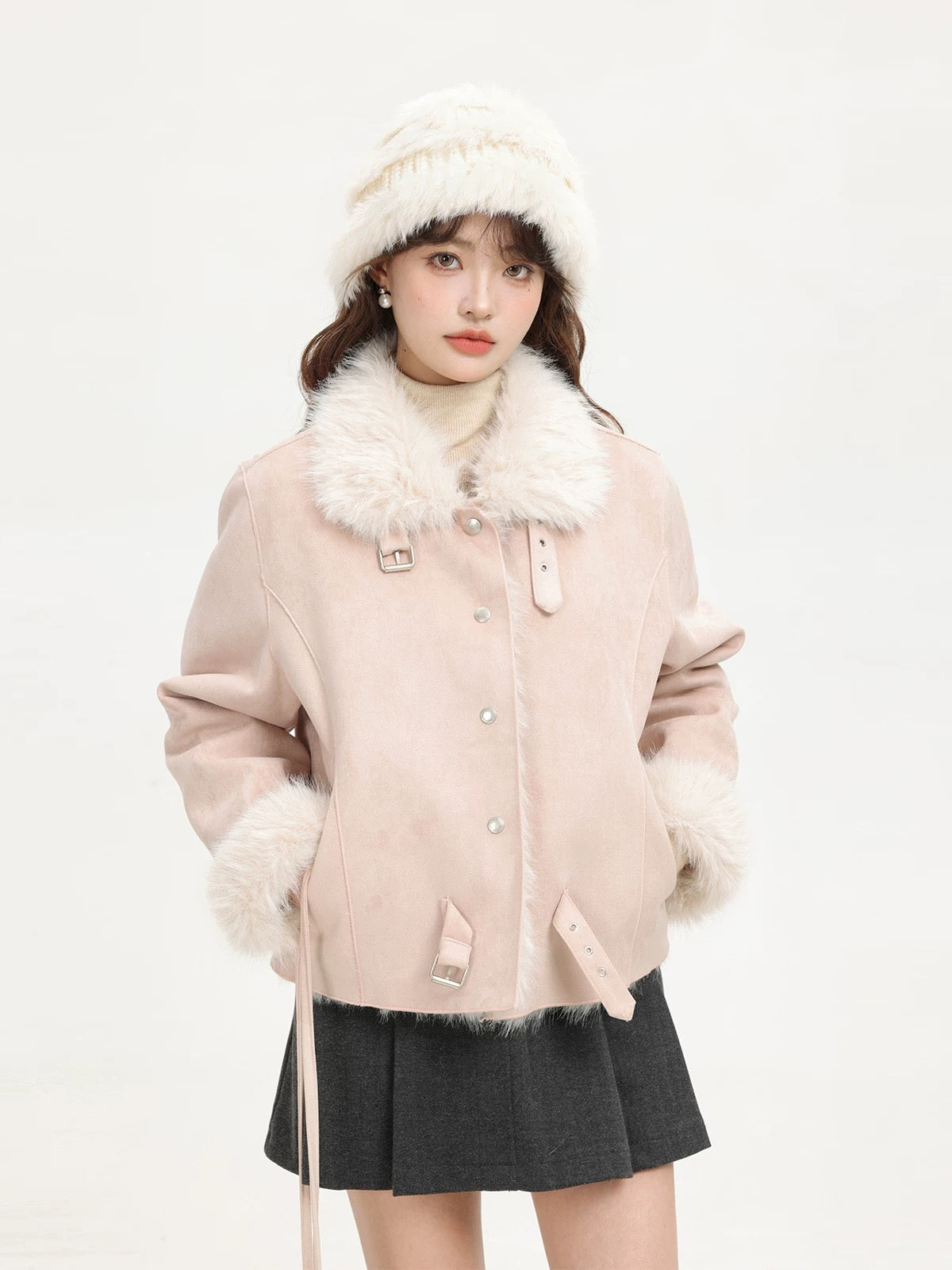 XinmonLee sweet and stylish pink fur winter Korean retro deerskin coat