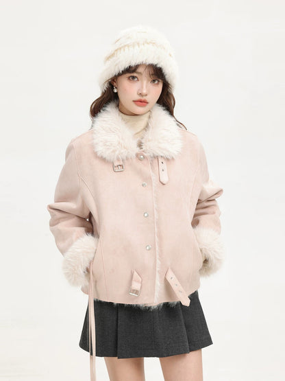 XinmonLee sweet and stylish pink fur winter Korean retro deerskin coat