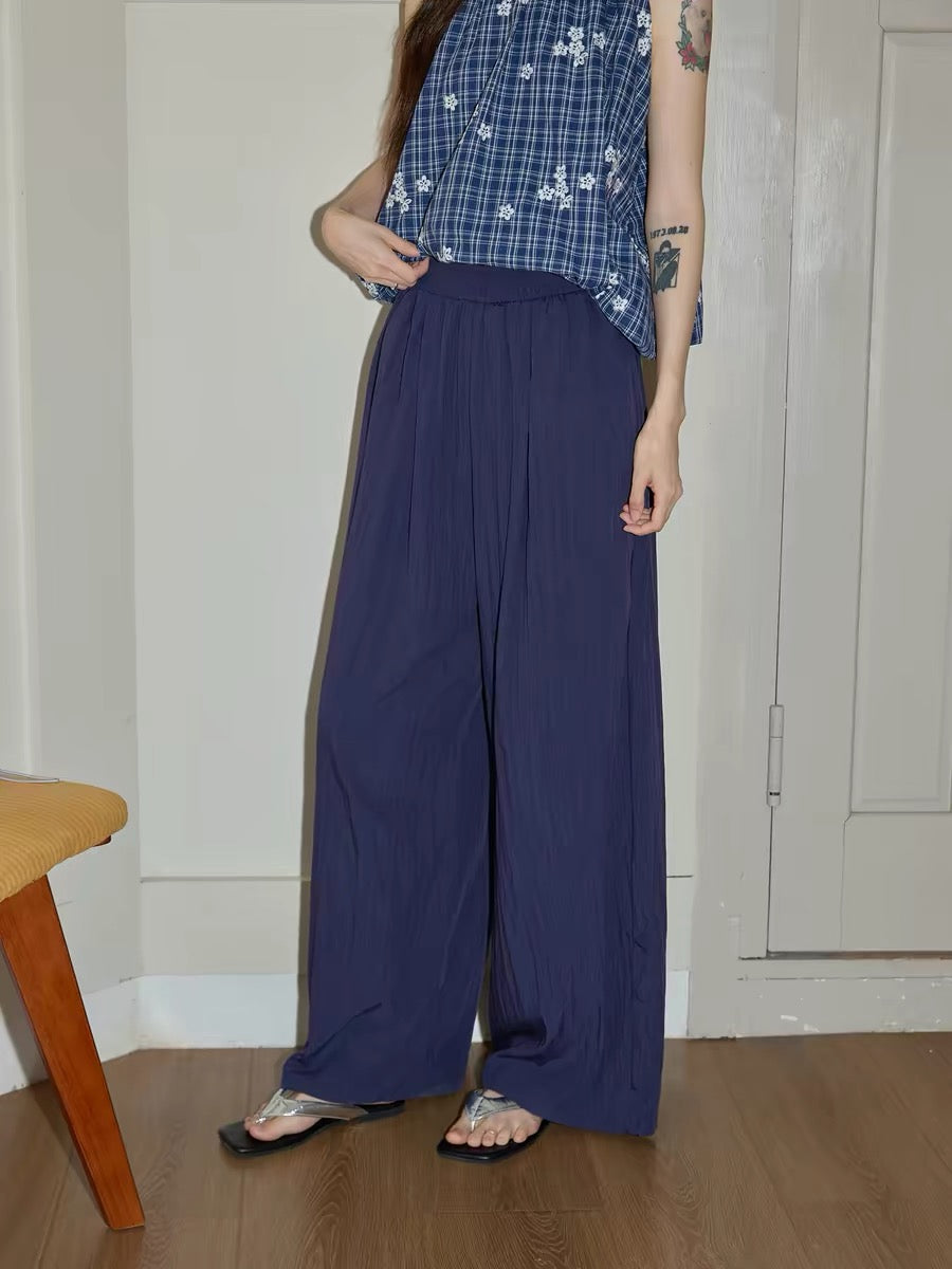 Chaochao's navy blue textured wide-leg casual pants for women, summer 2026, elastic waist, loose fit, floor-length.