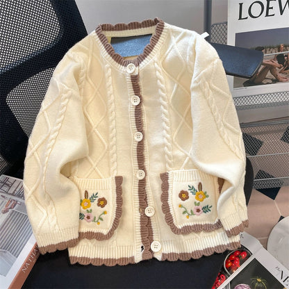 French gentle little fragrance soft waxy sweater cardigan for women autumn high-end beautiful embroidered flower jacket knitted top