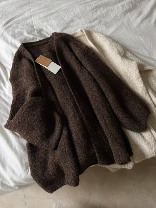 Highly recommended! "Old Money" style dark brown open-front knit cardigan—a relaxed, oversized piece perfect for autumn.